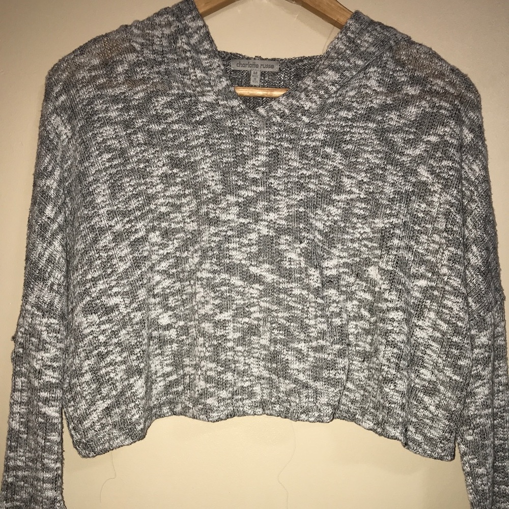 cropped gray and white speckled sweater.